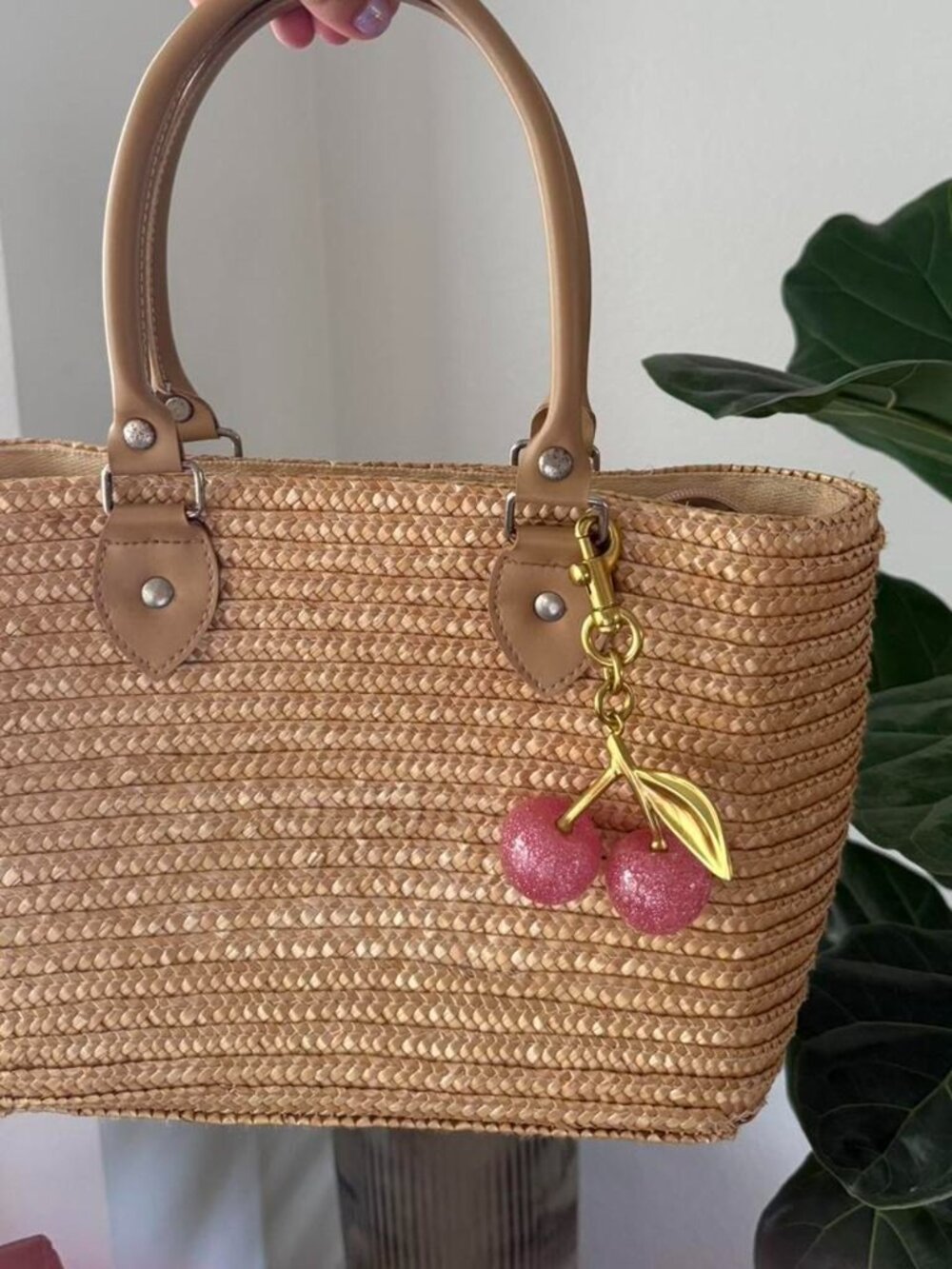 Summer Straw Tote Bag with Pink Glitter Cherry Charm - Picture 2 of 5
